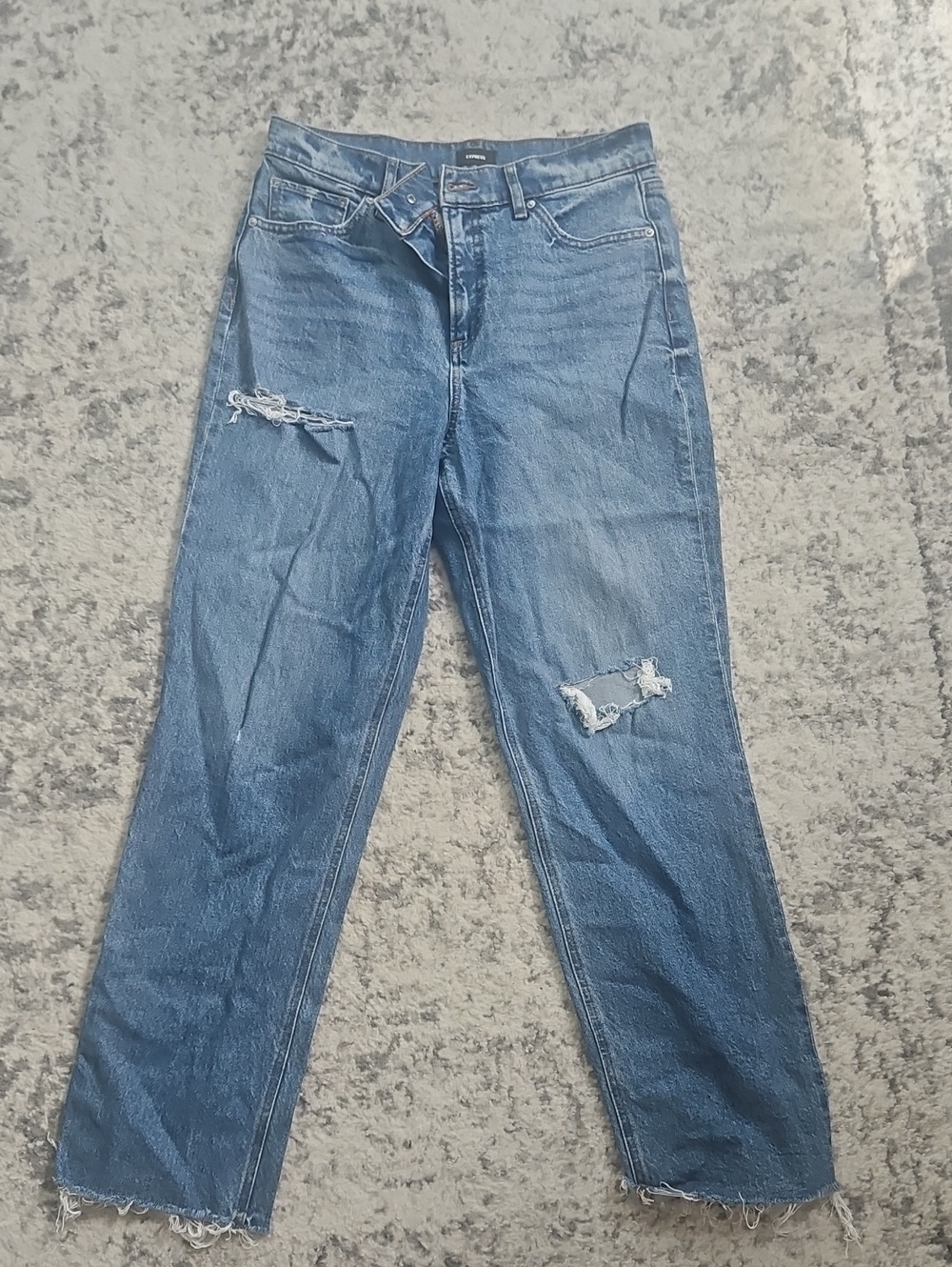 Express Women's Blue Distressed Straight-Leg Jeans
